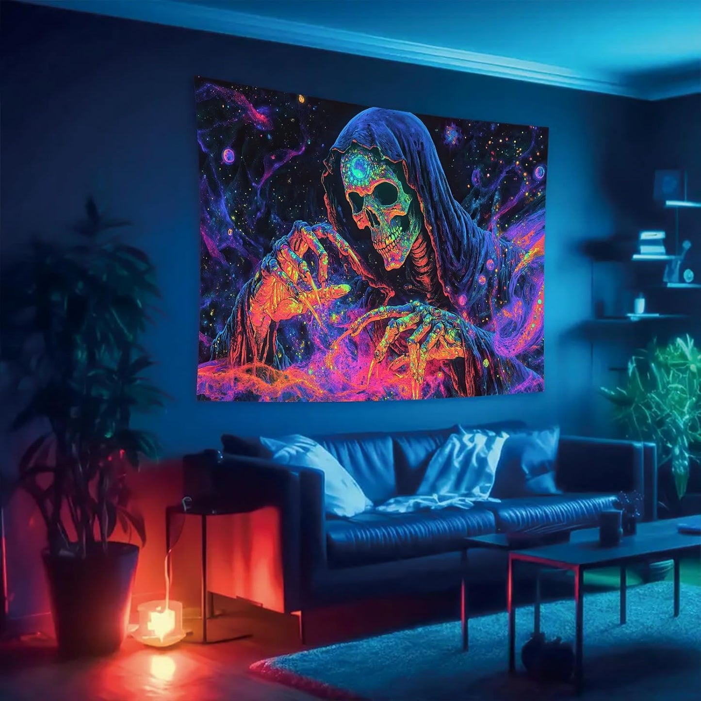 Starlit Patio Blacklight Skull Tapestry Skeleton UV Reactive Glowing Grim Reaper Wall Hanging Trippy Neon Skeleton Art Tapestry for Bedroom Living Room Dorm Aesthetic Gothic Horror Decor 78 x 59 Inch