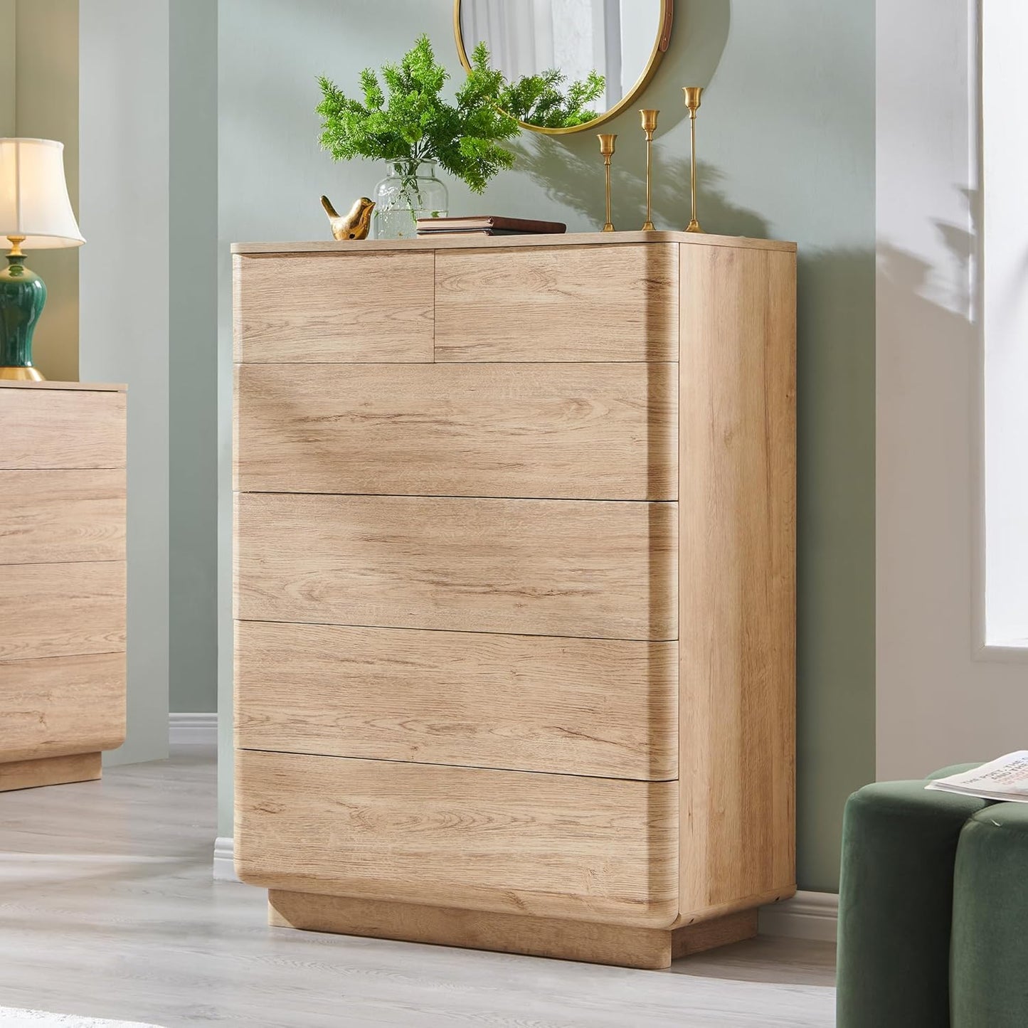 6 Drawer Dresser for Bedroom, 42 Inch Tall Modern Chest of Drawers, Push-to-Open Wood Storgae Organizer with Large Drawers for Bedroom, Living Room, Hallway, Natural Oak