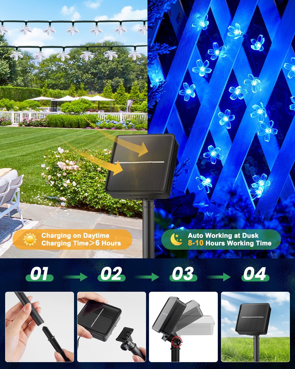 Brightown 60 LED Solar Flower String Lights for Outside Waterproof Fairy Lights for Garden Yard Fence Patio Christmas Tree Wedding Party Decor, Blue