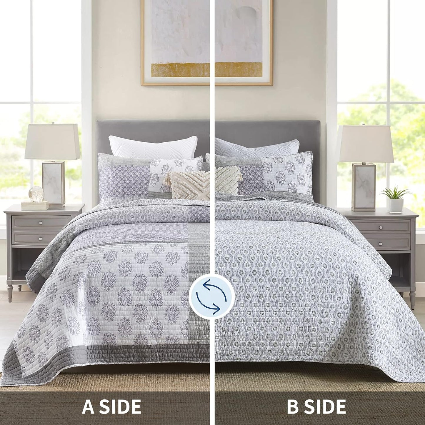 PANGUSHAN Quilt Set King Size, 100% Cotton Bedspread Quilt Bedding Set, Patchwork Reversible Floral Quilt for King Bed, Purple/Grey/White Bed Spread, Lightweight Comforter for All Season, 3 Pieces