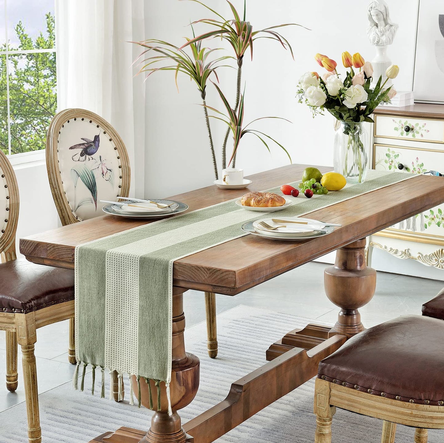 Wracra Farmhouse Macrame Linen Table Runner for Dining, Wedding, & Dresser Decor – Sage Green – Available in 6 Sizes!