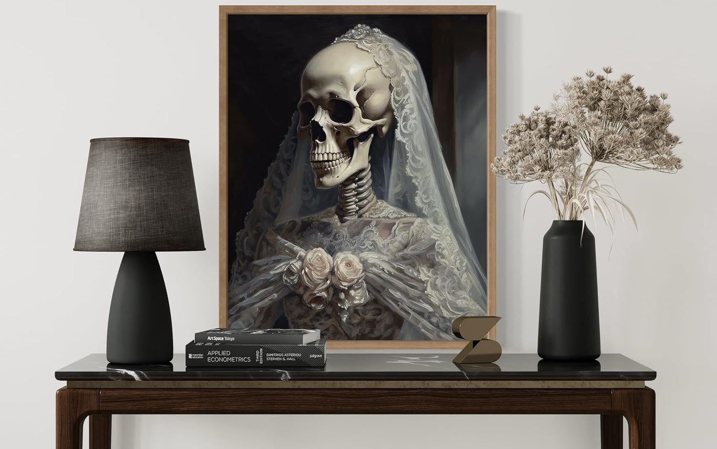Skull Gown Poster Art Print, Halloween Scary Vintage Wall Art Academia Spooky Painting Decoration for Horror Prints, Gothic Posters Bedroom Decor 89 (Skull Gown, 8 x 10 inches, Wood Frame)