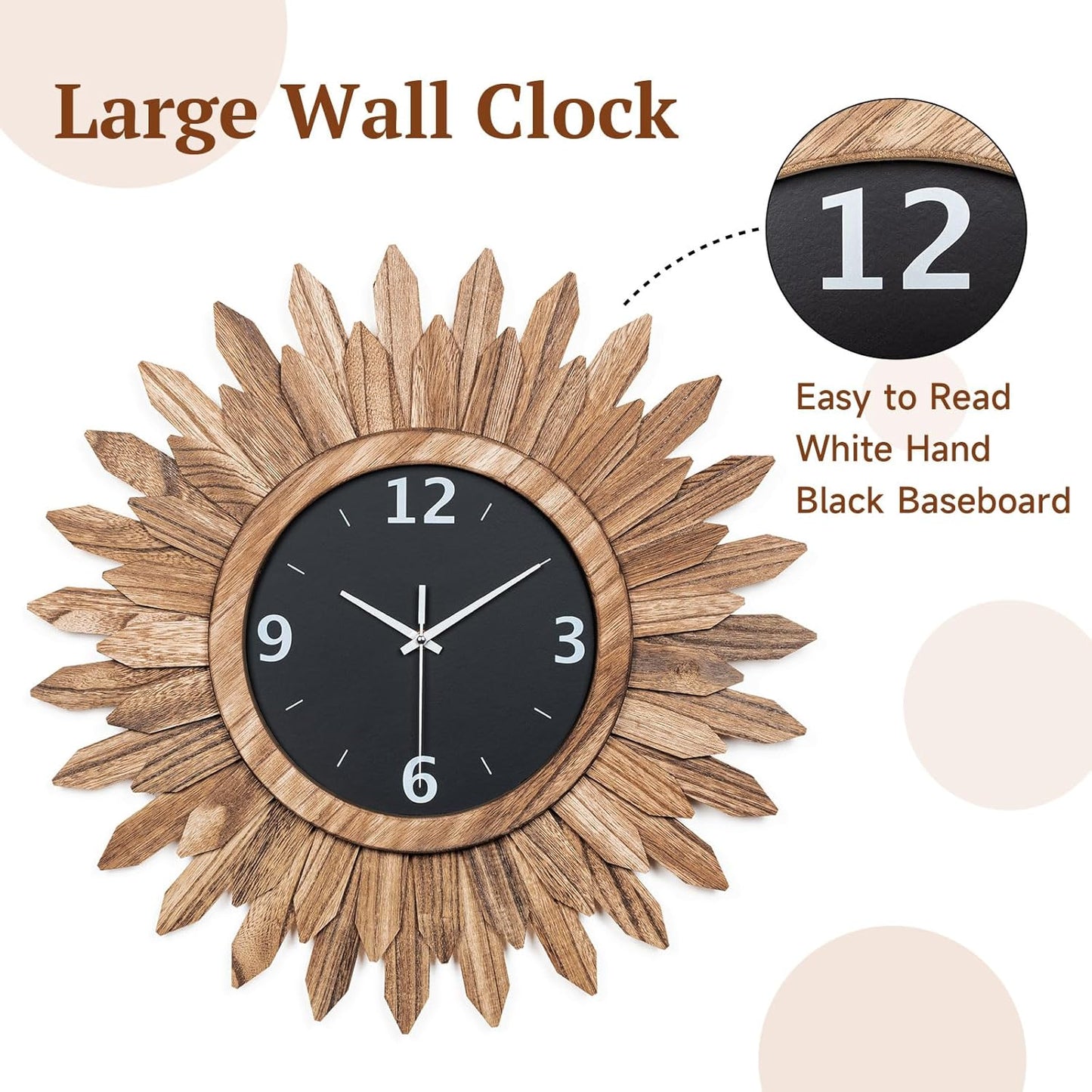 Honiway Large Wall Clock Battery Operated 21 in Rustic Wood Boho Sunburst Decorative Wall Clock Silent Non Ticking Farmhouse Wall Clocks for Living Room Bedroom Kitchen Bathroom Decor (Rustic Brown)