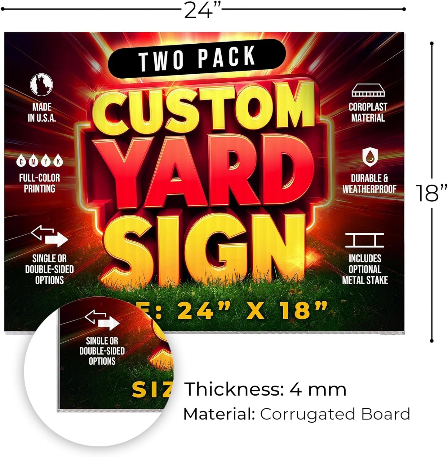 2 Pack 24"x18" Custom Yard Signs with Stakes, Personalized Yard Signs for Outdoors, Customized Full Color Print Corrugated Signs for Business