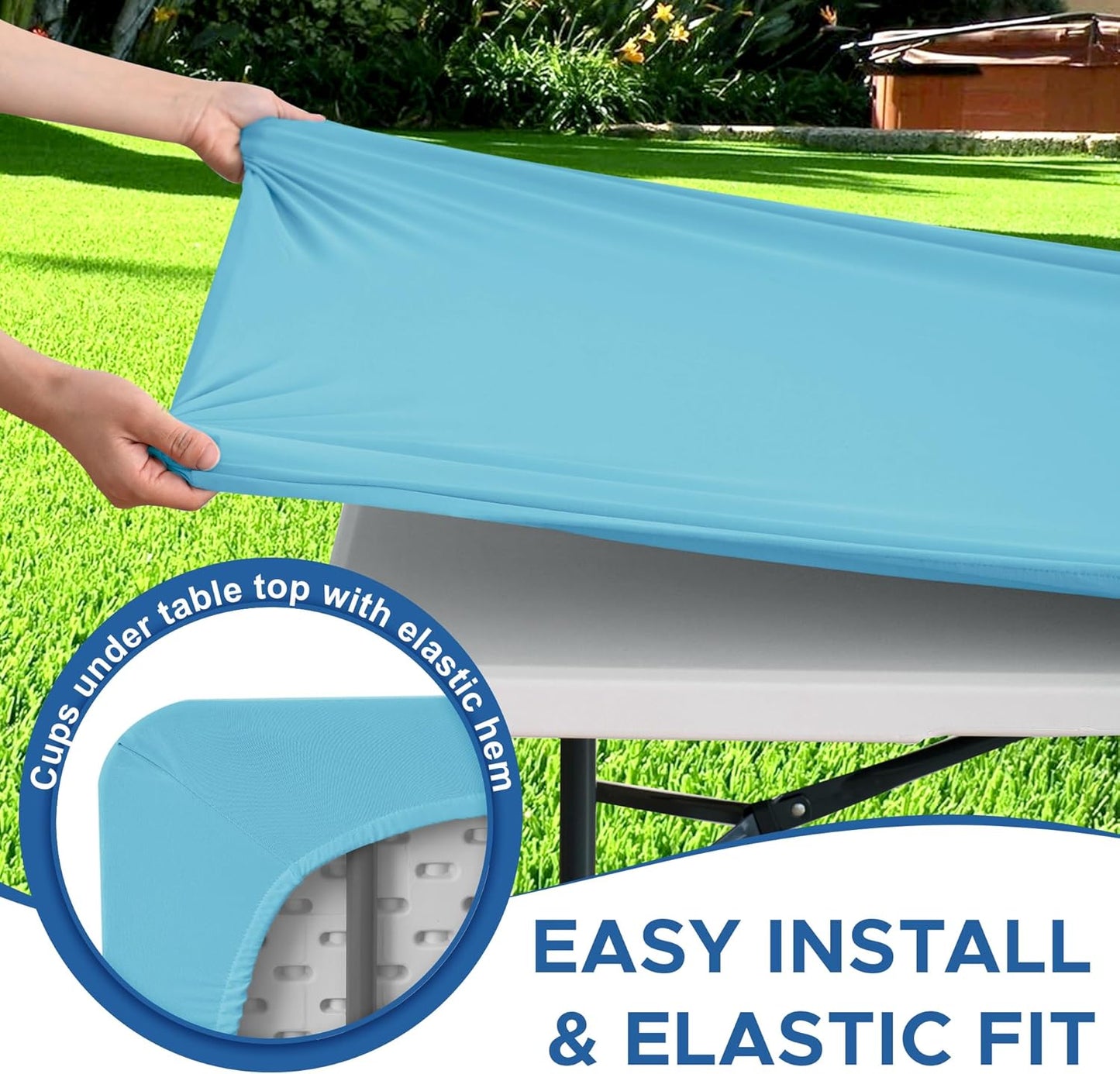 Fitted Tablecloth for 8 Foot Rectangle Table-4 Pack Light Blue Elastic Outdoor Picnic Table Cover-Spandex Stretch Folding Tablecloths 8ft for Camping Dining Room Patio Kitchen Banquet Party