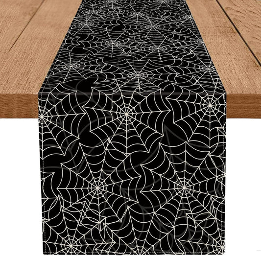 Halloween Table Runner Spider Web Black Linen Table Runners for Seasonal Holidays Indoor Outdoor Kitchen Dining Party Home Decor 13 x 120 Inch