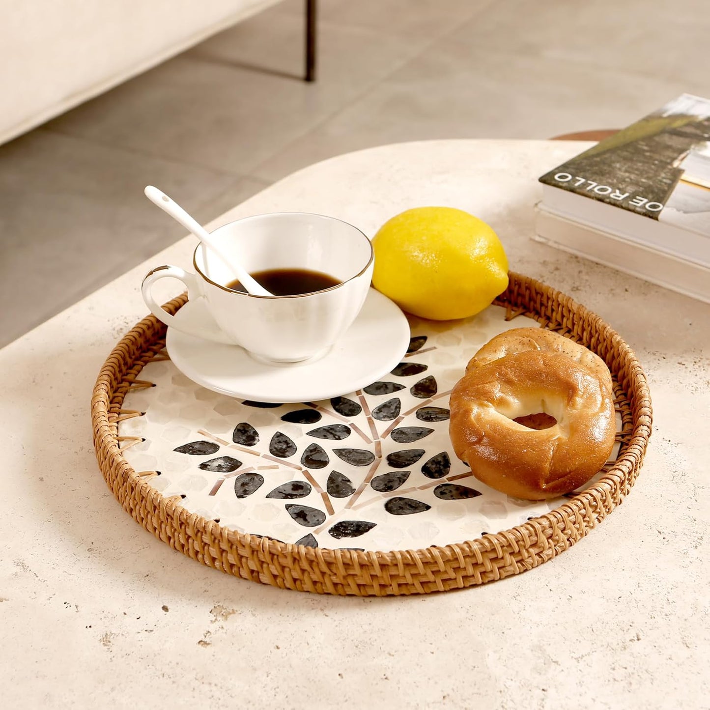 Round Rattan Tray with Mother of Pearl Inlay & Wooden Base - Decorative Wicker Serving Tray for Coffee/Bread/Fruits, Food Storage & Display - Multipurpose Home Decor