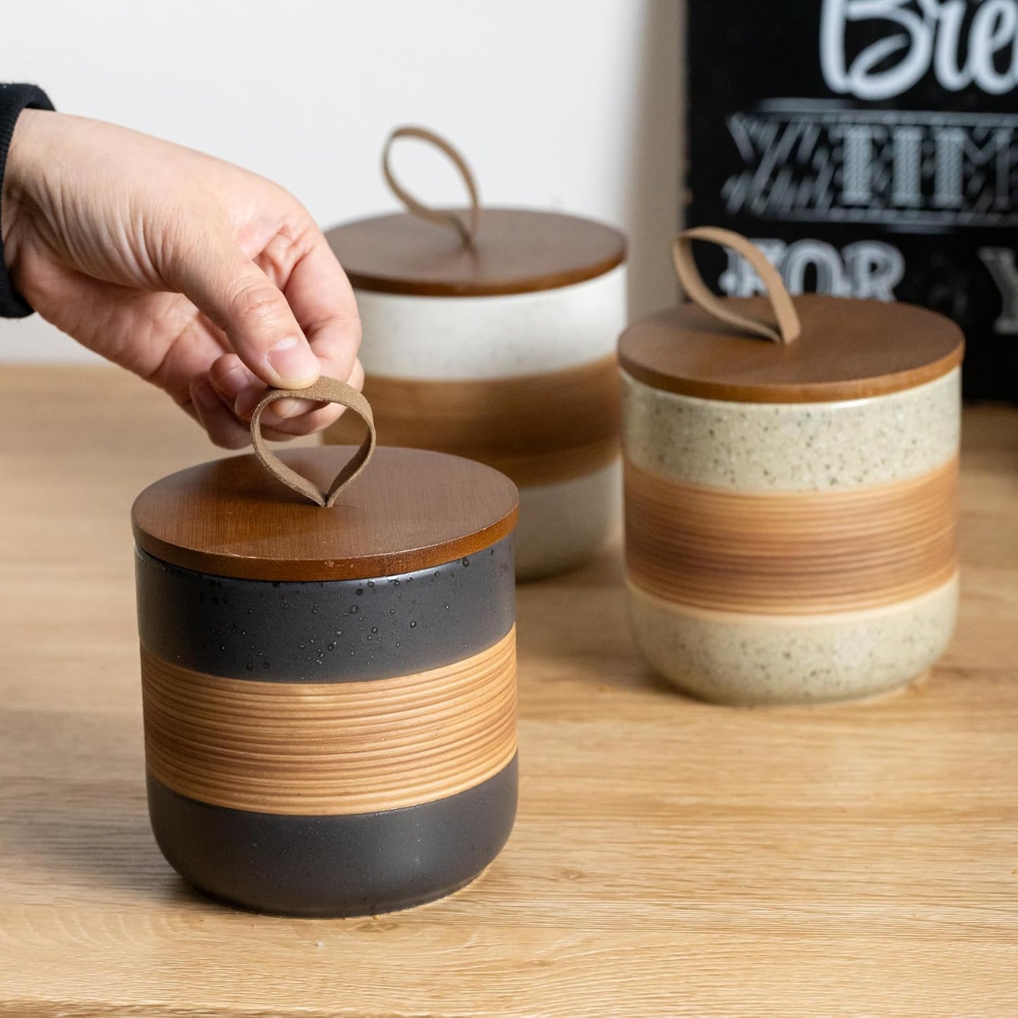 Large Storage Containers with Lids, Ceramic Coffee Container Kitchen Food Storage Jars for Spice Sugar Tea Bag, Stackable Decorative Jars for Counter, Black & 61oz