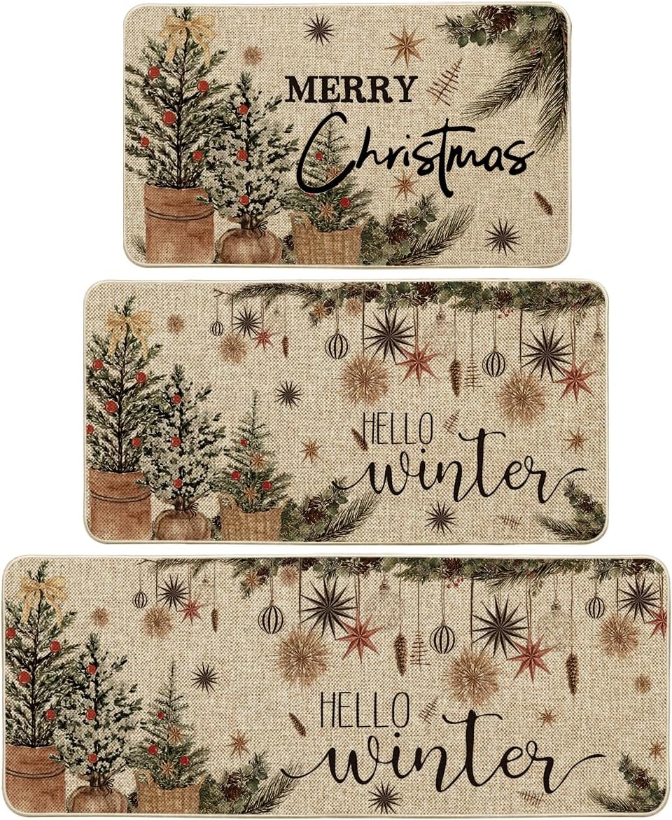 Artoid Mode Holly Ornament Merry Christmas Kitchen Mats Set of 2, Winter Home Decor Low-Profile Kitchen Rugs for Floor - 17"x29"+17"x36"+17"x47"