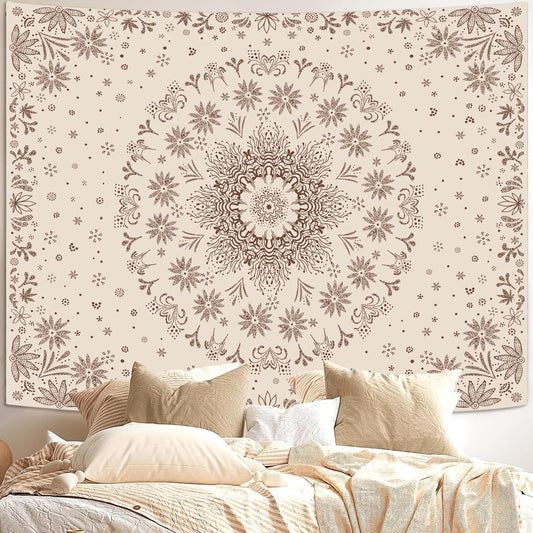 Fowocu Boho Floral Mandala Tapestry Wall Hanging Bohemian Flower Medallion Tapestry Aesthetic Beige Brown Hippie Indian Small Tapestries for Bedroom Living Room Dorm Decor 90 x 68 Inch