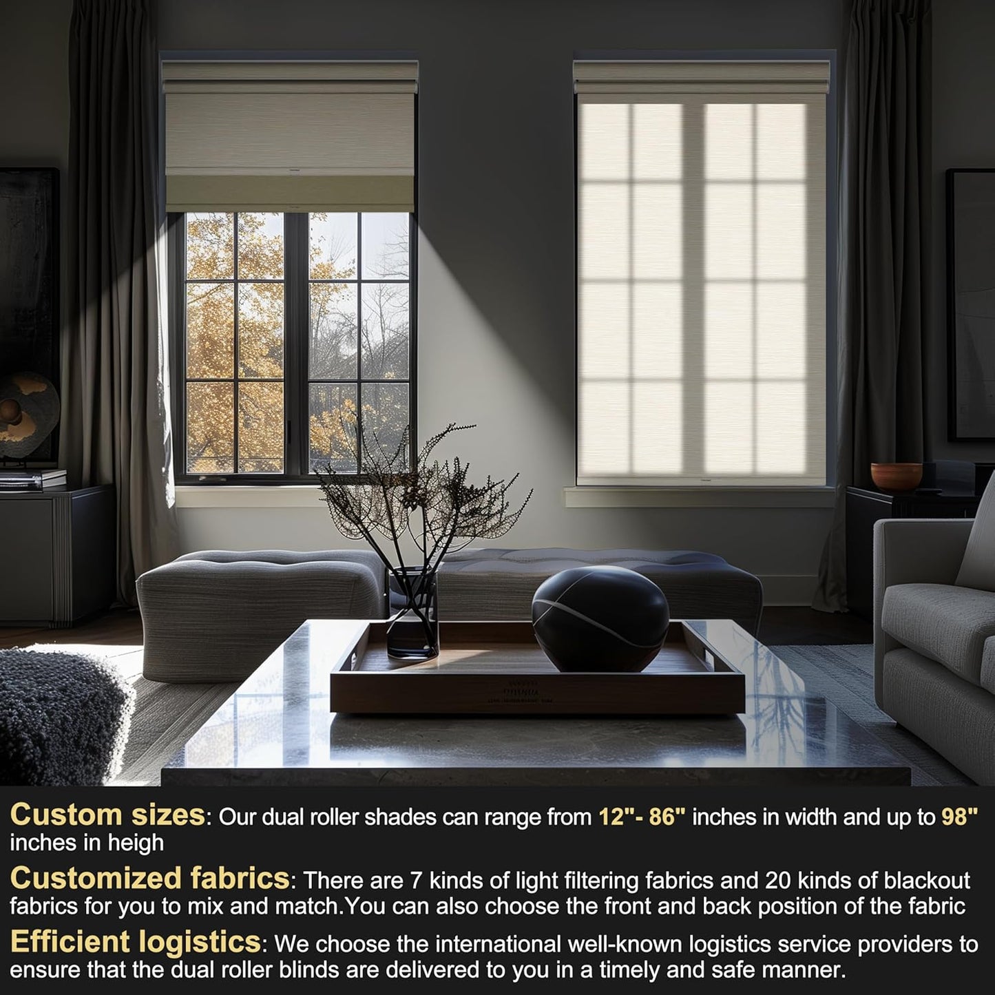 BERISSA Cordless Dual Roller Shades with Cassette Valance, Double Window Shades - Blackout and Light Filtering - Day and Night for Home Office Door. Striped Jacquard Beige - 31 W x 80" H