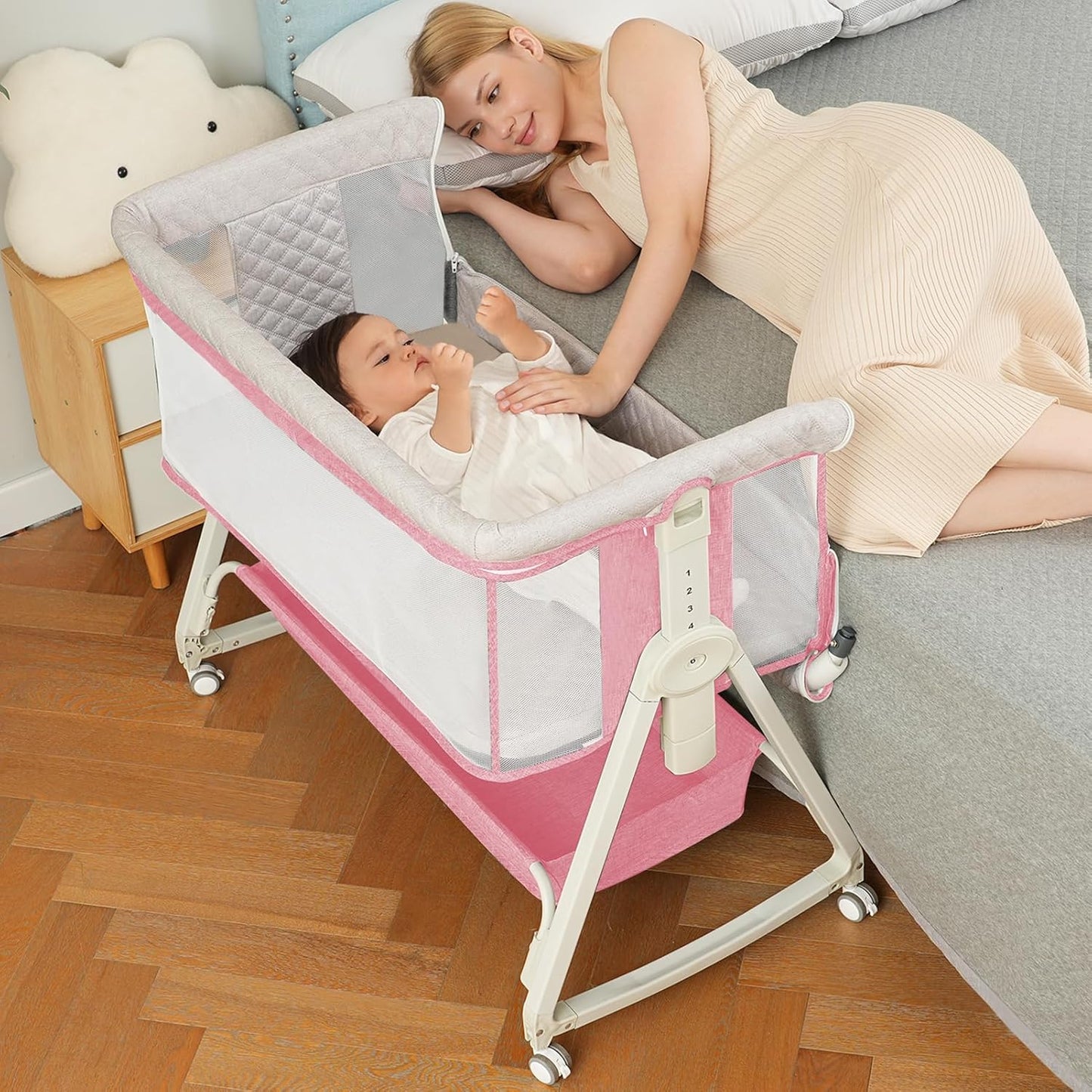 Baby Bassinet Bedside Sleeper for Baby,Bedside Bassinet with Wheels and Storage Basket, 6 Height Adjustable Bedside Crib(Upgrade Pink)