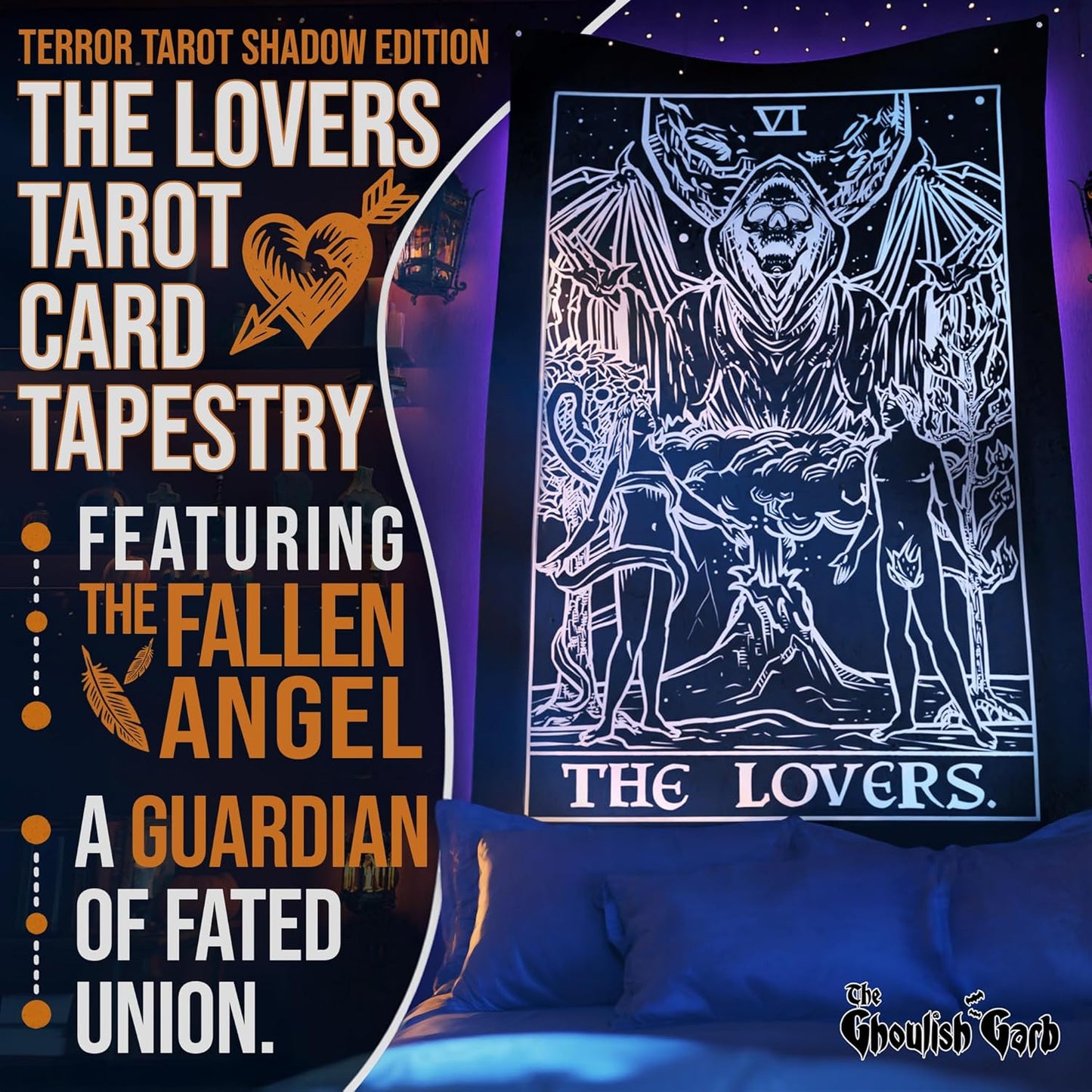 The Lovers Tarot Card Tapestry (Black & White) - Grim Reaper - Gothic Couple Halloween Home Decor Wall Hanging (80" x 68")