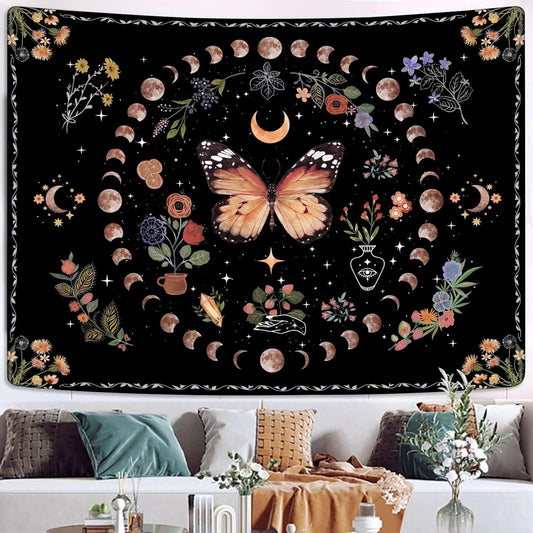 Fowocu Orange Butterfly Moon Flower Tapestry Boho Floral Plant Tapestries for Bedroom Aesthetic Tapastry's Wall Hanging Mandala Botanical Wall Tapestry for Living Room Dorm (Yellow, 60'' × 44'')