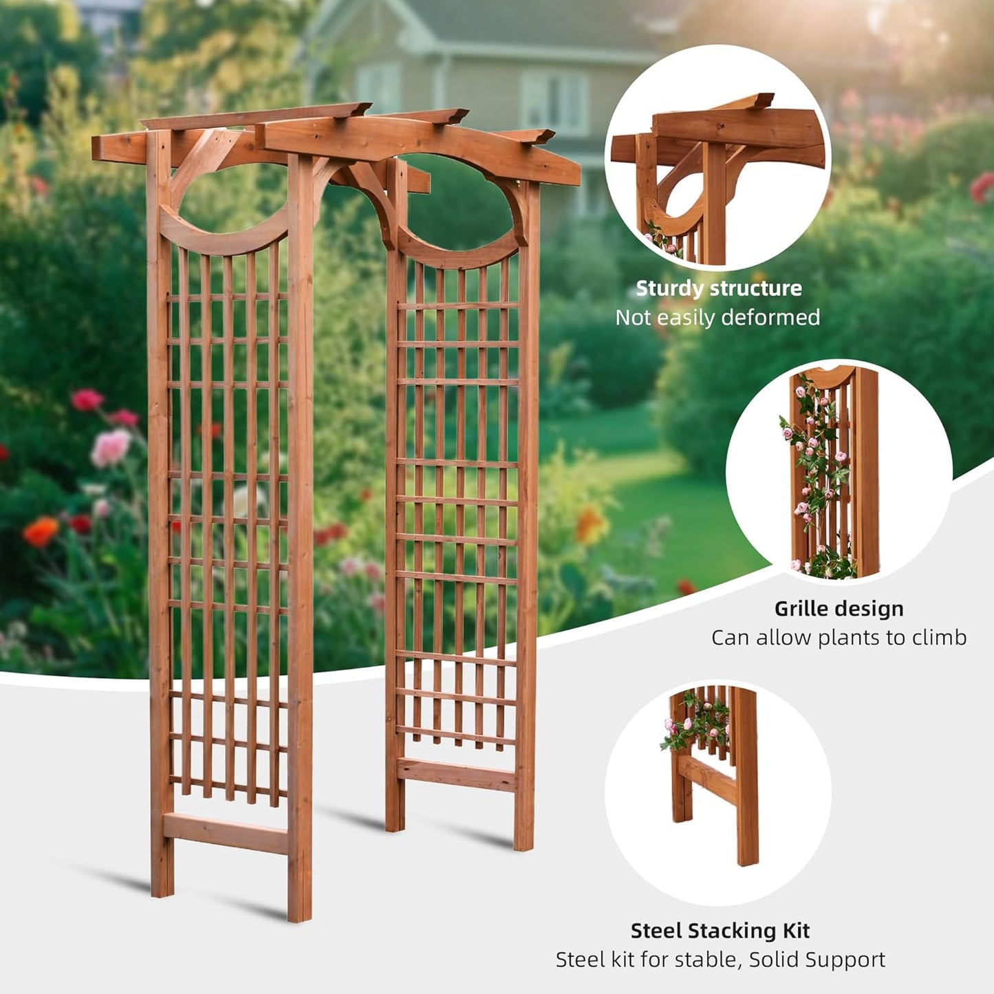 Solid Fir Wooden Garden Arch Premium Outdoor Trellis for Climbing Plants, 83.12”H×59”W×29.75’’D, Also can be Used for Wedding and Party Decoration