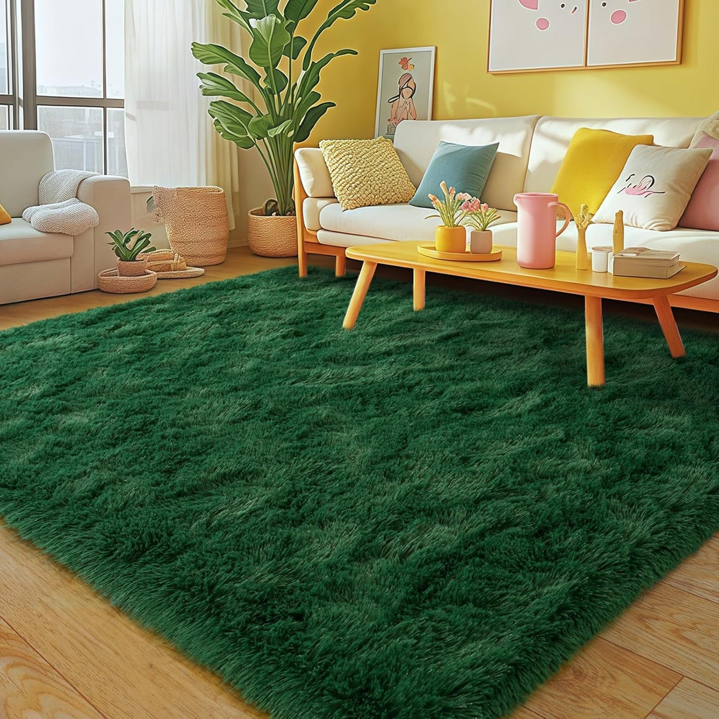 Rezutan Modern Shaggy Area Rug - Super Soft Fluffy Non-Slip Living Room Bedroom Rug for Kids Nursery, Classroom, Bedside Decor, Blackish Green, 4 X 6Feet