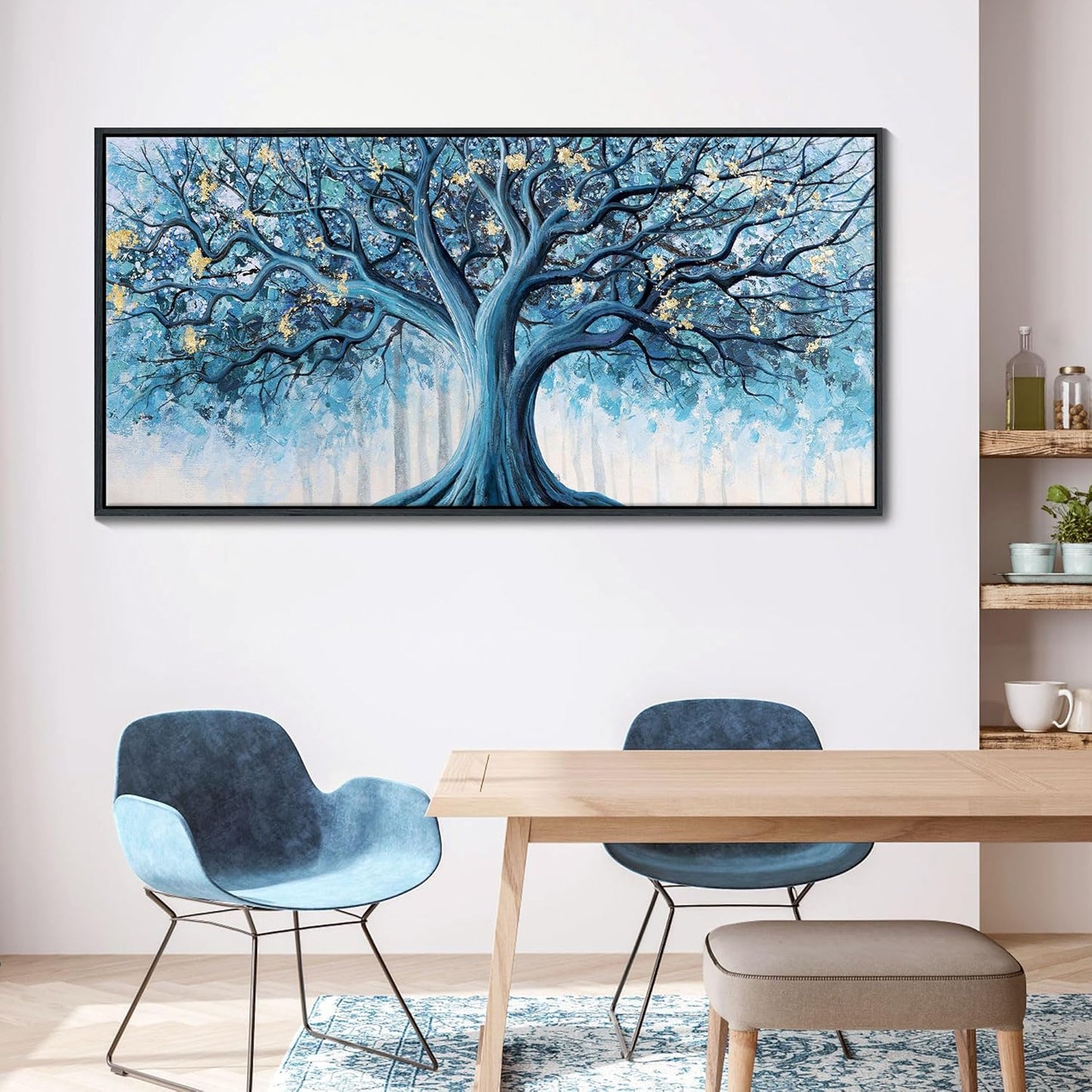 Navy Blue Canvas Wall Art - Blue and Gold Nature Wall Decor, Tree of Life for Bedroom Wall Art, Large Pictures for Living Room, Office, or Bedroom, Framed Landscape Artwork 29×58IN