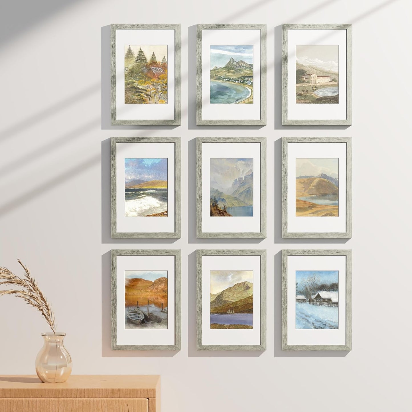 Vittanly 8x12 Picture Frames Set of 9, Shatter Resistant Plexiglass, Display 6x8 Pictures with Mat or 8x12 without Mat, Photo Frames for Wall or Tabletop, Engineered Wood, Grey