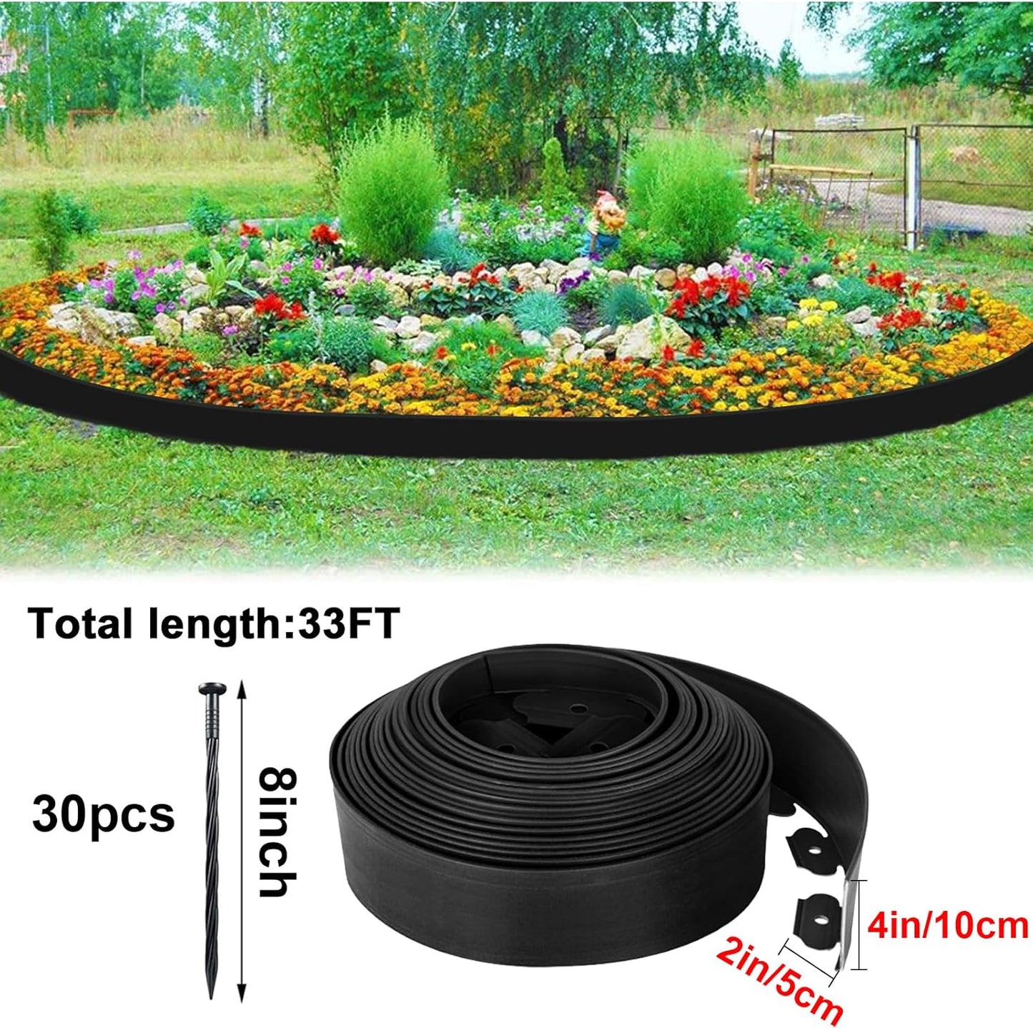 No Dig Garden Edging 33 FT Landscape Edging Extra Tall 4IN High, Landscape Edging with 30 Spikes, Flexible Lawn Edging for Landscaping Flower Beds Yard Pathway (Black)