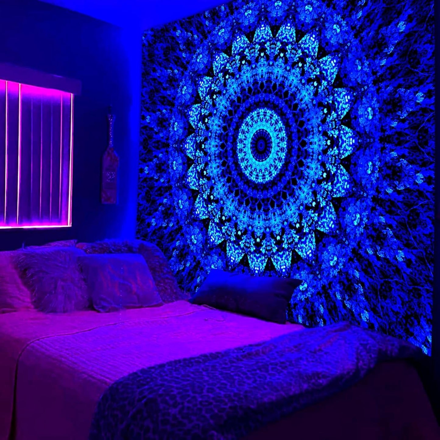 PSYHILAR Blacklight Mandala Tapestry for Bedroom, Black Light Posters for Adults and Teens, Neon UV Reactive Aesthetic Bohemian Wall Art Decor (40 x 30 Inches)