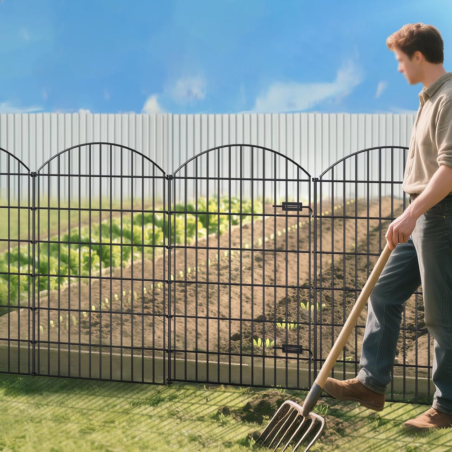 Metal Garden Fence with Gate 48in (H) x 20.3ft (L), 1 Gate+ 7 Panels Dog Fences Border Fence Animal Barrier, No Dig Garden Fencing for Yard Flower Bed Lawn Patio Outdoor, ECG4808G, Black