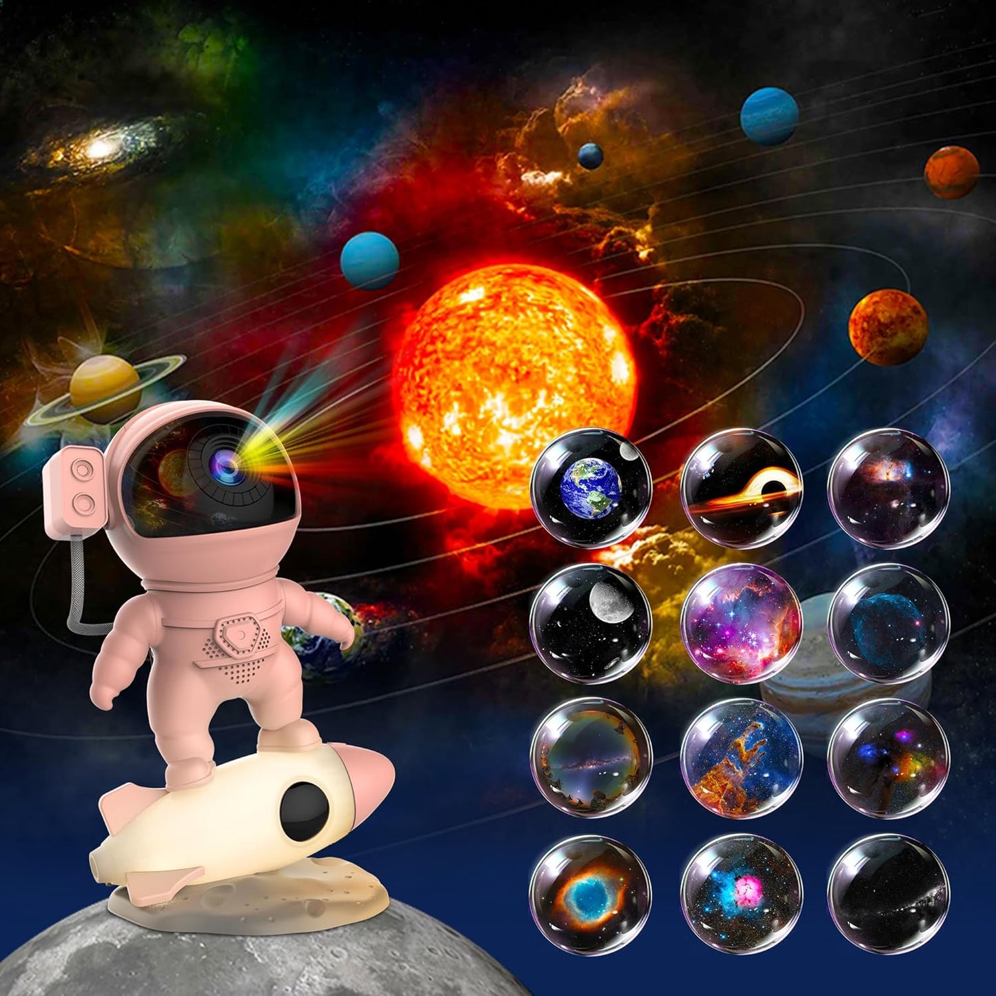 Astronaut Galaxy Projector for Bedroom with Rocket Night Light 13 Film Discs, HD Image Star Projector Galaxy Light Adjustable Knob, Planetarium Projector for Kids, 1/2h Timer Simple 4-Button Control