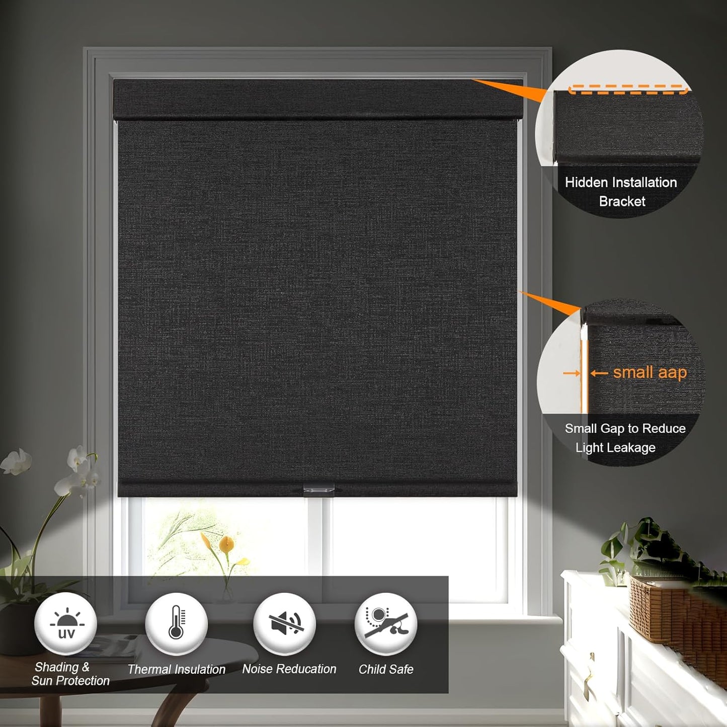 Persilux Free-Stop Cordless Blinds for Indoor Windows with Cover, Window Shades Blackout Roller Blinds, Thermal Insulated Fabric UV Protection for Kitchen, Office, Living Room, Black(27.5" W x 84" H)