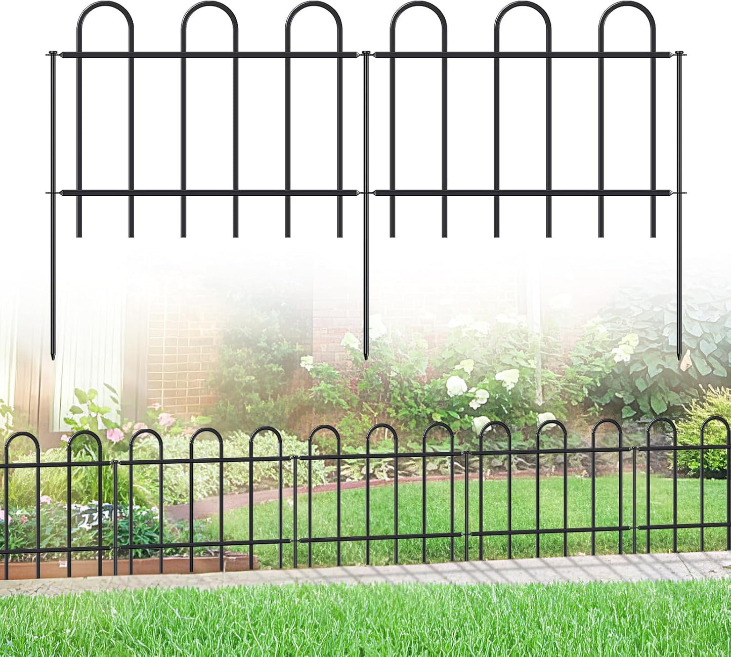 Metal Garden Fence 18 in H x 16 ft L, No dig Garden Border Yard Fencing, Dog Fence Outdoor Temporary Animal Barrier for Flower Bed Lawn and Patio, 8 Panels + 9 Stakes Black