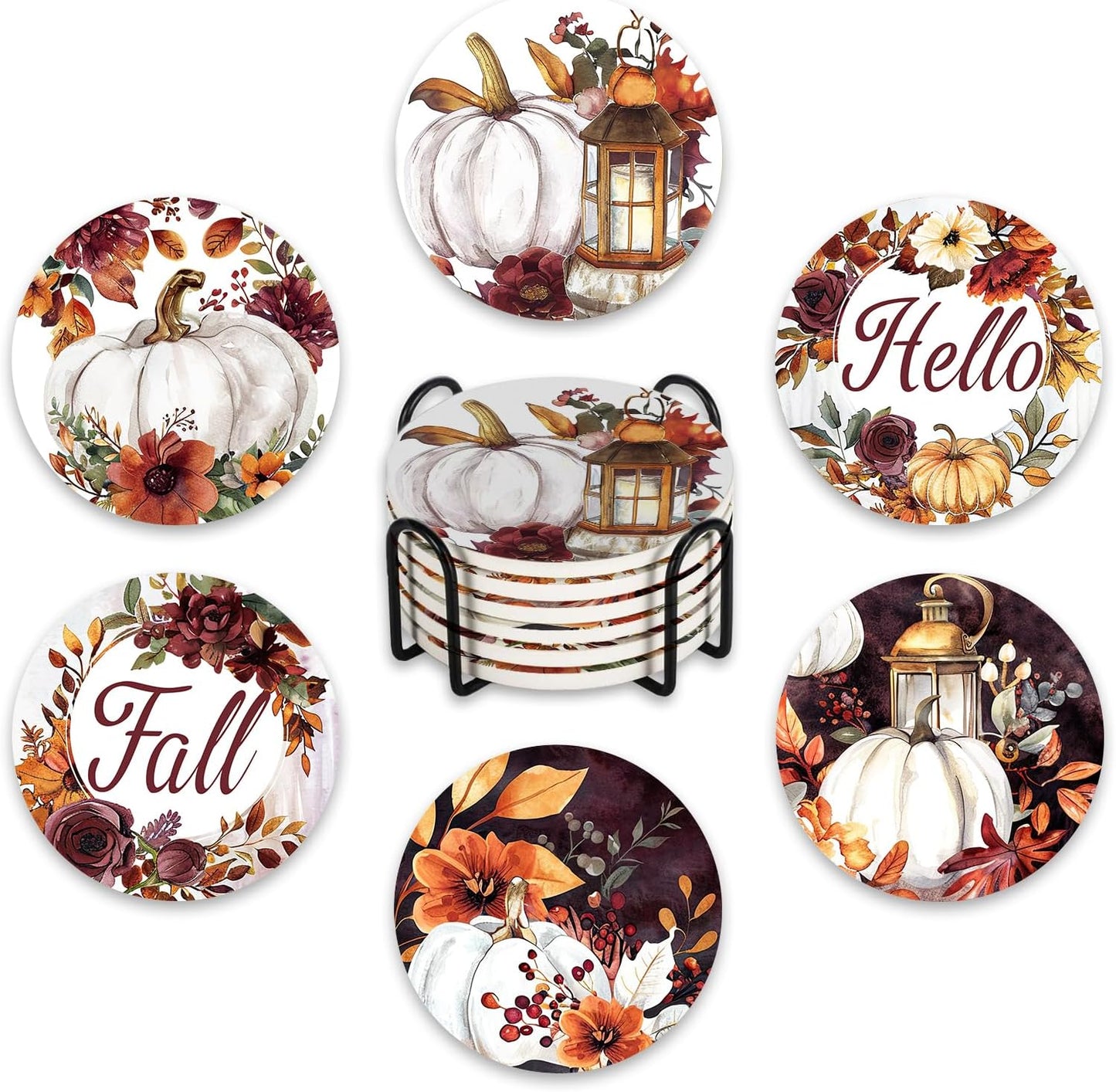Hello Fall Drink Coasters with Holder Set of 6, Autumn White Pumpkin Floral Absorbent Ceramic Cup Mat for Coffee Table Protection, 4 Inches Vintage Flower Home Kitchen Decor Housewarming Gifts