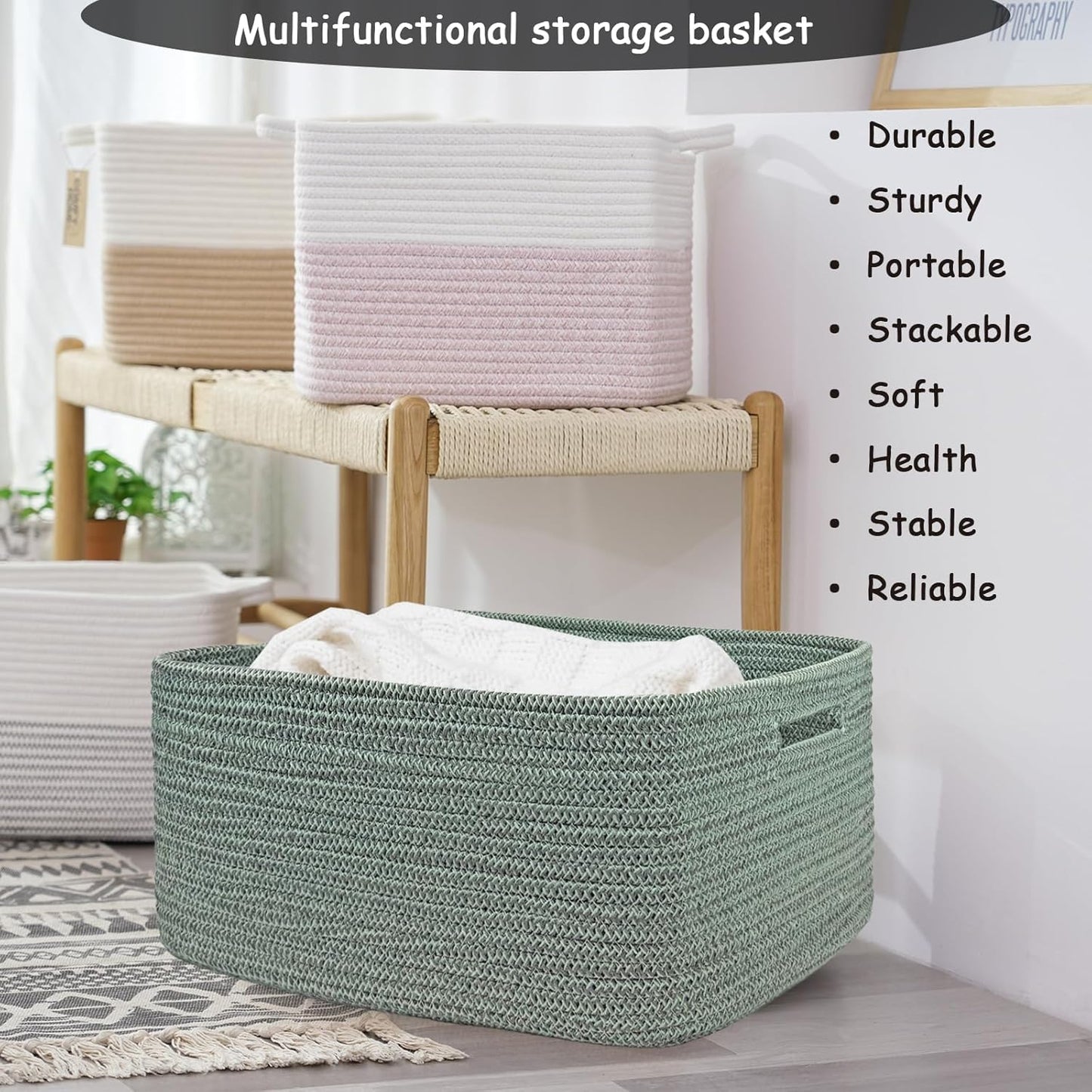 COMFY-HOMI Cotton Rope Woven Basket with Handles for Shelves,Toys,Book, Cloth Storage Baskets for Organizing-17" x 13" x 7.5" Toy Decorative Organizer for Living Room, Bathroom （Green）