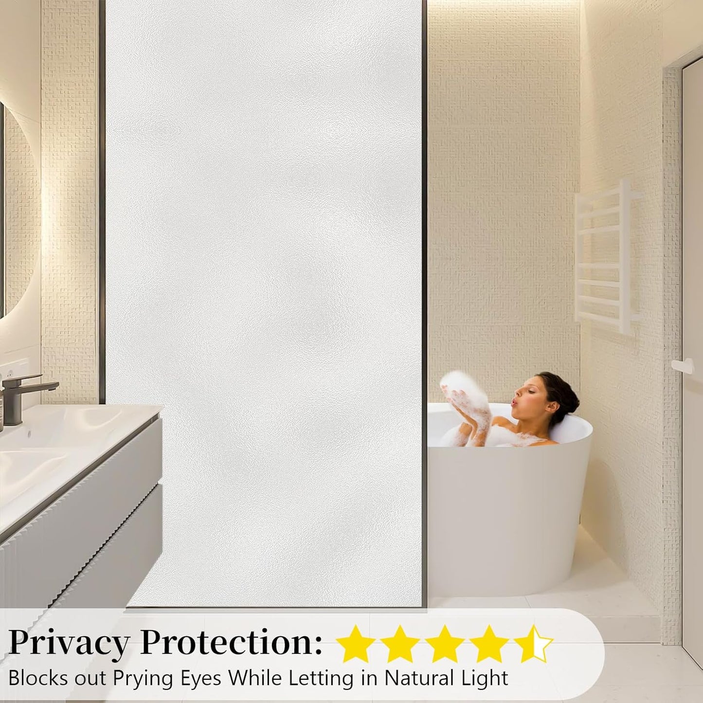 Niviy Frosted Glass Window Film Privacy Day and Night Static Cling Front Door Window Frosting Film,Shower Window Cover, White, 35.4 x 118 inch