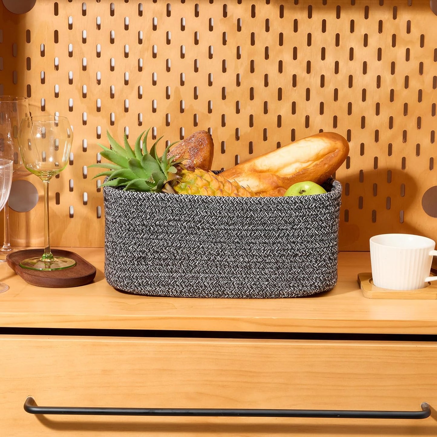 Small Storage Baskets for Organizing | Closet Organizer Bins | Shelf Toy Basket | Woven Rope Baskets | Cube Decorative Box | Shallow Basket | 13x8.5x5.1” | 3 Packs Dark Gray
