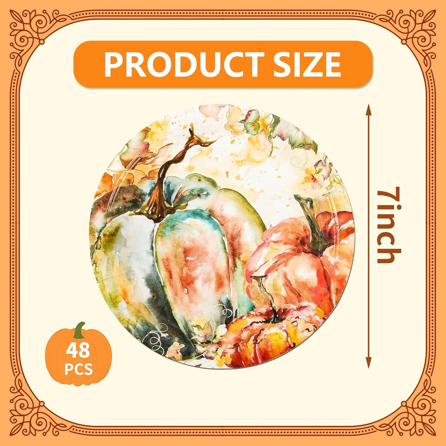 Fall Dessert Plates Thanksgiving Pumpkin Paper Plates 7" Autumn Watercolor Pumpkins Party Plates Harvest Teal and Orange Pumpkins Disposable Decorative Dessert Plates (48)