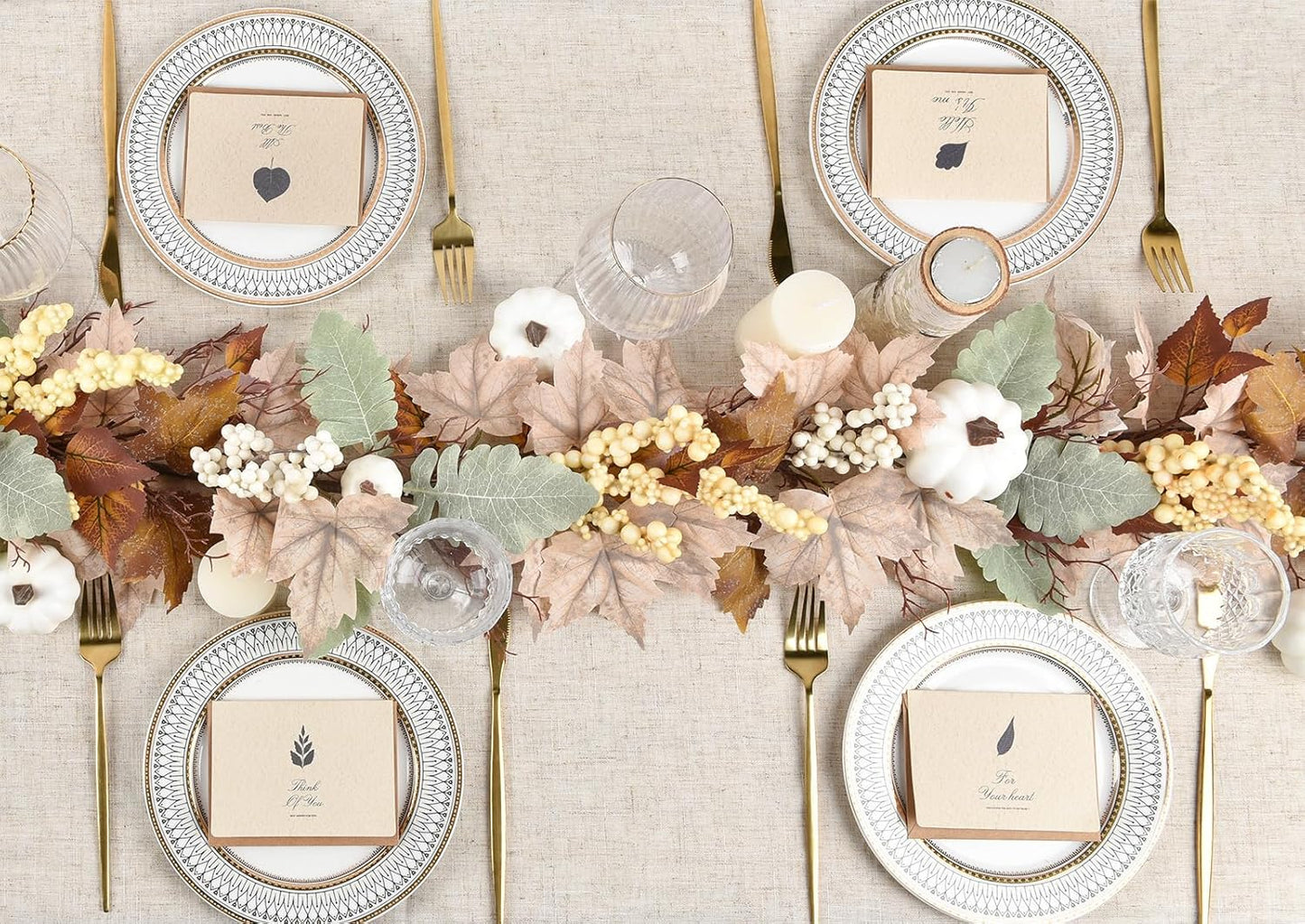 DearHouse Fall Garland Maple Leaf, 5.9Ft Hanging Vine Garland White with Pumpkins and Berries Thanksgiving Decor for Home Wedding Fireplace Party Christmas (White&Brown)