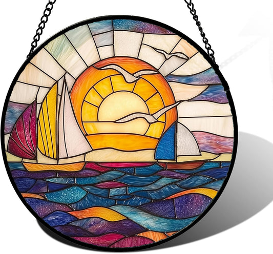 Stained Glass Window Hanging, Sailboat and Waves Suncatcher Diamond Glass Panel Hangings Sun Catchers Decor for Birthday for Women, Men, Wife, Aunt, and Mom 11.8x11.8 in