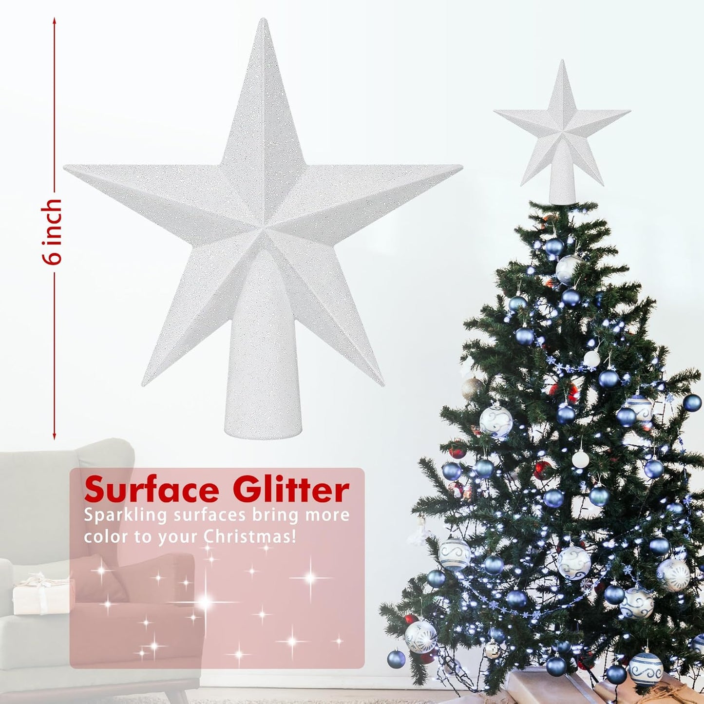 Christmas Tree Topper, 1PCS 6" White Glitter Star Tree Topper, 3D Xmas Shatter-Proof Mini Bethlehem Star Tree Topper Decorations, Waterproof Christmas Decor for Holiday Home Outdoor Ornament