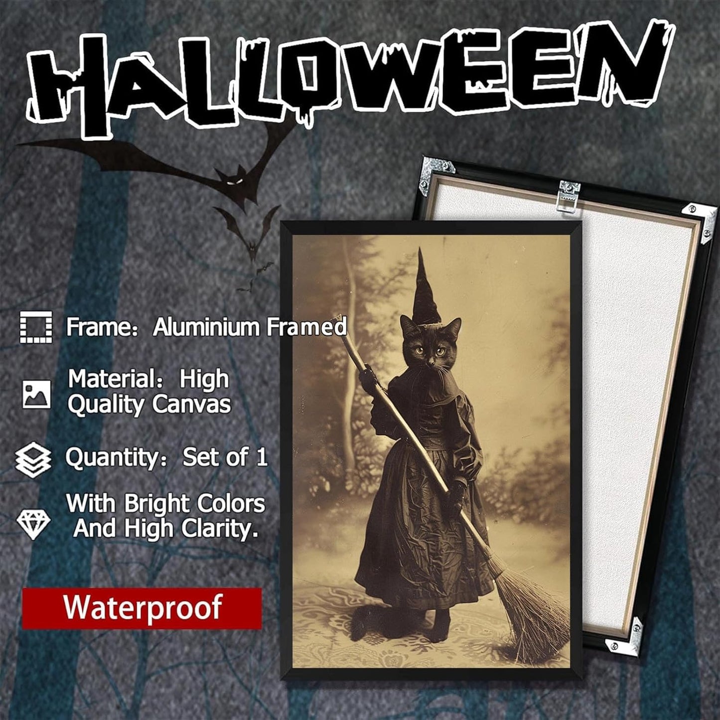 Halloween Decor Posters Black Cat Witch Canvas Wall Art Vintage Spooky Print Of Gothic Room Family Dark Academia Decorations Creepy Picture Poster Aesthetic 24X36inch Aluminum Framed