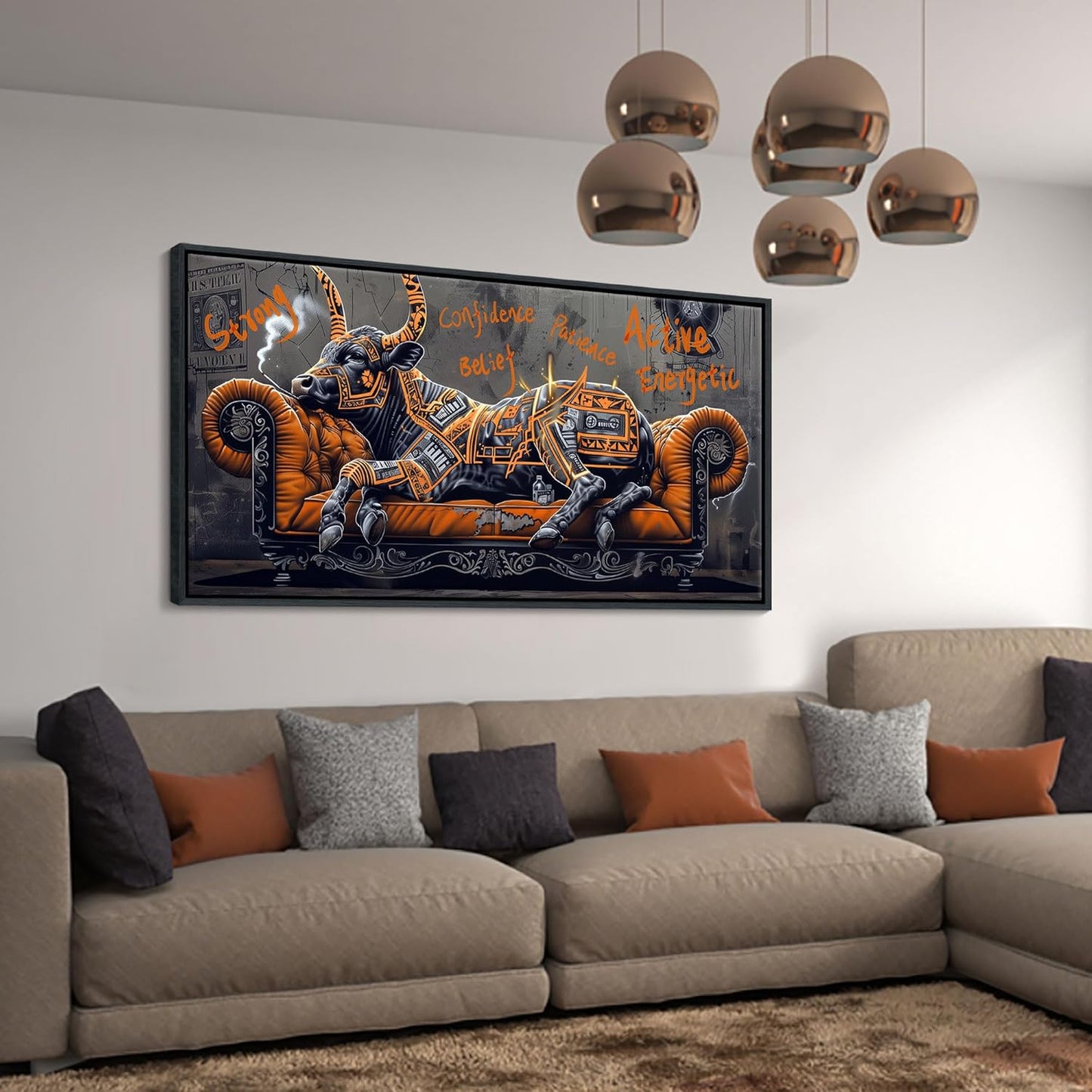 JEAWA Framed Canvas Wall Art - Creative Wall Art for Bedroom Living Room Bathroom, Modern Artwork Decor for Home Decoration, Strong Bull Color Graffiti, 24x48 IN