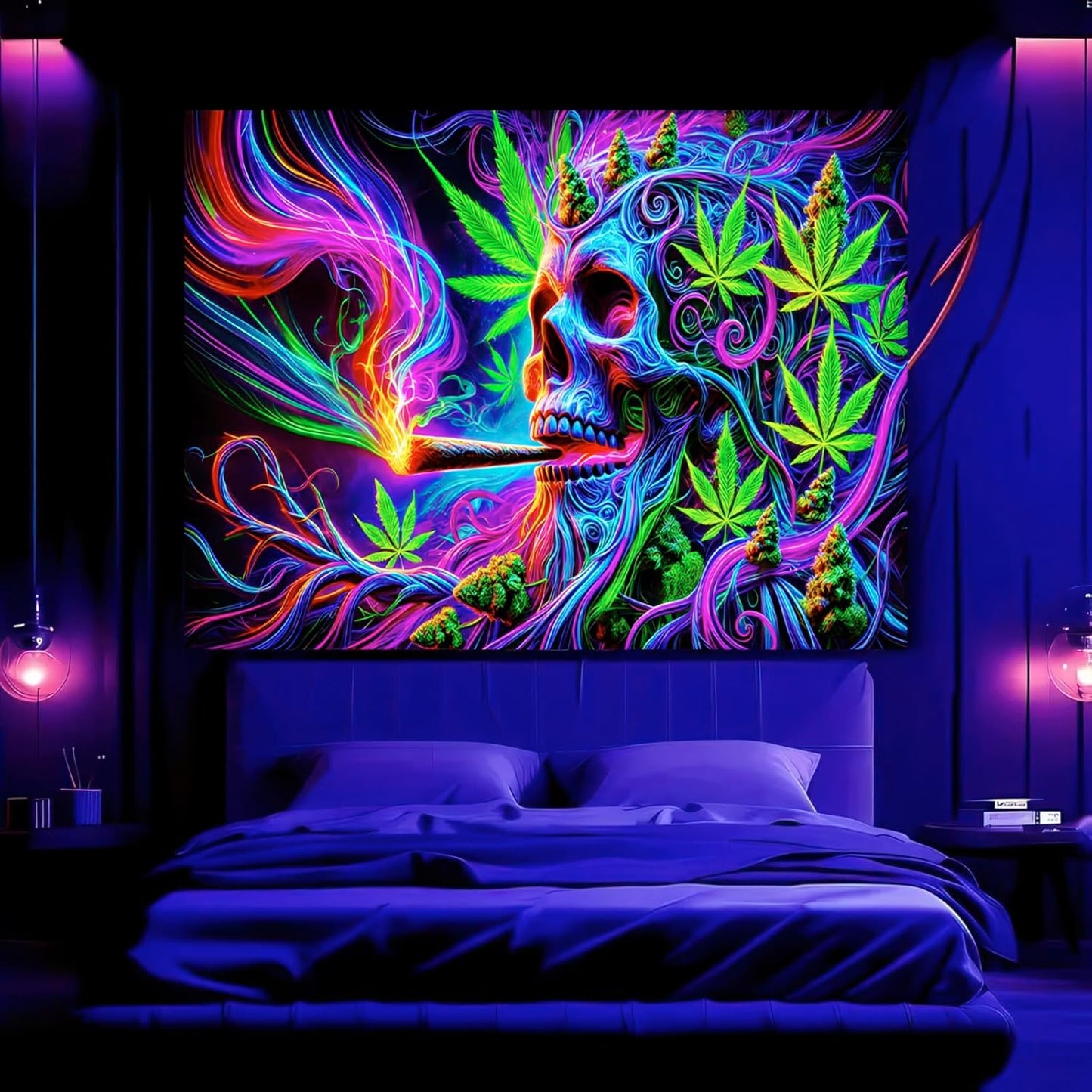 BlissYard Blacklight Cool Trippy Weed Marijuana Leaves Tapestry UV Reactive Skeleton Tapestry Smoking Skull Black Light Wall Tapestry Neon Psychedelic Tie Dye Stoner Poster Tapestry 59X78 IN