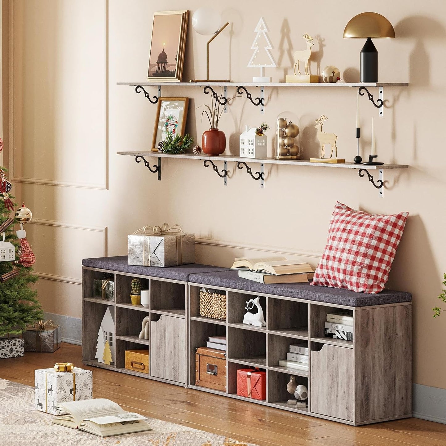 DINZI LVJ Long Wall Shelves, 39.4 Inch Large Floating Shelves Set of 2, Wide Display Shelf Wall Mounted with Brackets, Easy Hanging for Living Room, Toilet, Office, Bedroom, Greige