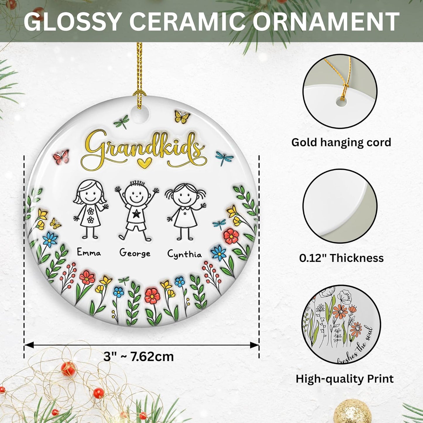 Grandkids Personalized Ceramic Ornament – Grandkids Christmas Ornament, Custom Holiday Keepsake, Family Tree Gift