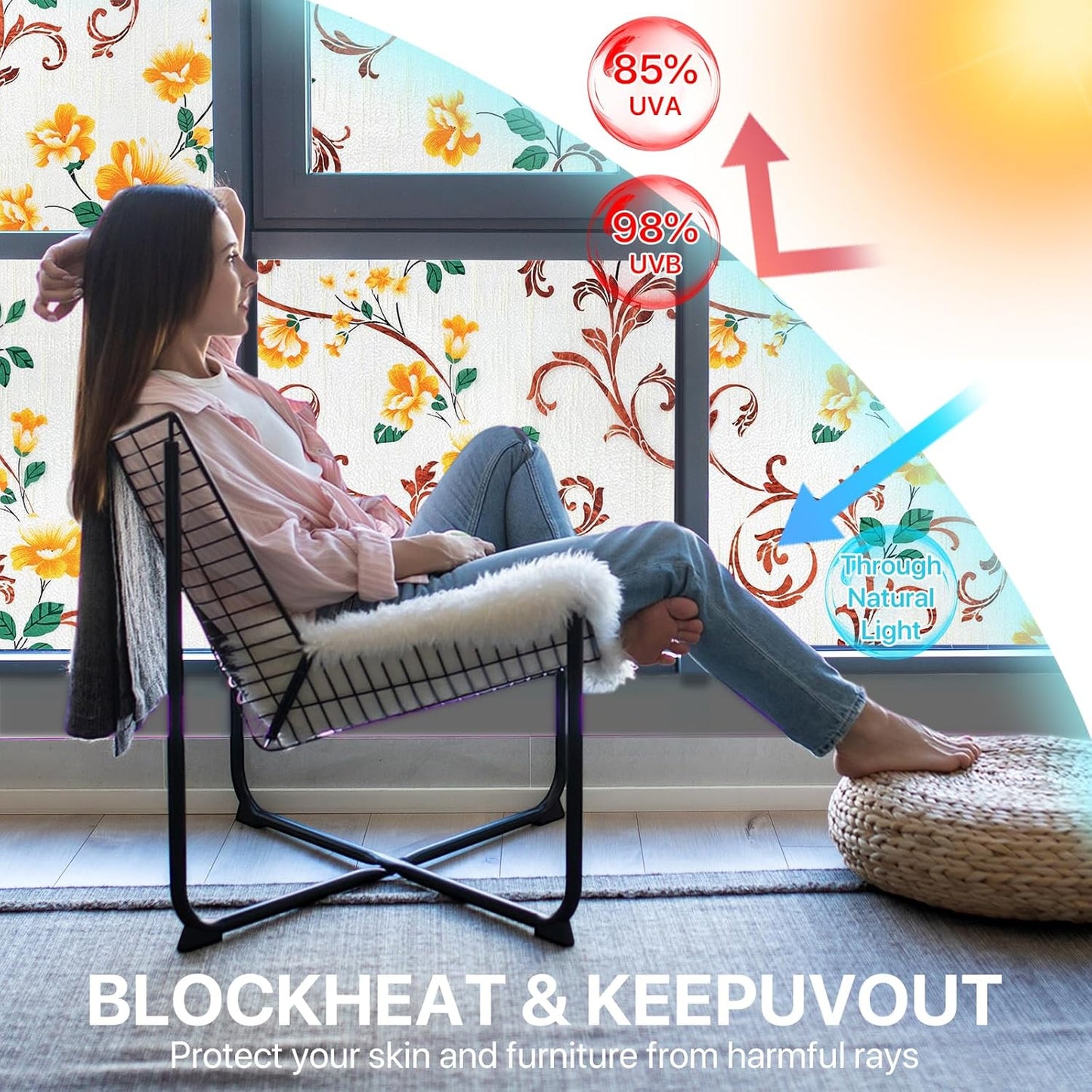 Niviy Stained Glass Window Privacy Film 3D Frosted Glass Window Decals UV Protection Sun Blocking Static Clings Non Adhesive Window Stickers for Home 11.8 x 78.7 inch