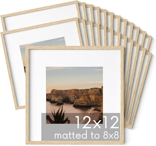 HAUS AND HUES Square Picture Frames Set of 25 - Wooden 12x12 Frames with Mat, Gallery Wall Set (Beige Oak)