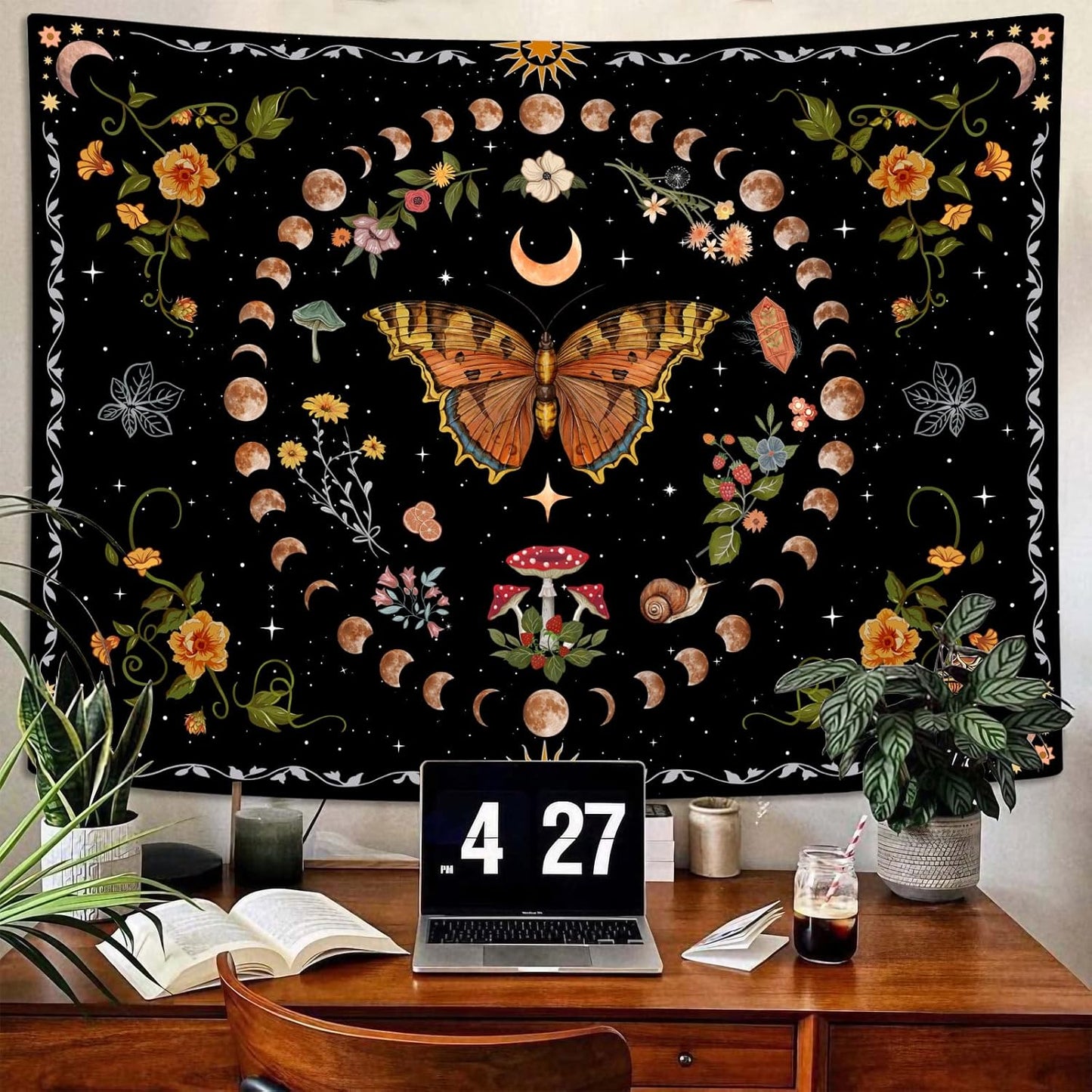 Aipon Orange Butterfly Moon Flower Tapestry Botanical Floral Plant Boho Tapestry for Bedroom Aesthetic Vintage Tapestries Wall Hanging for Living Room Dorm (60.00'' × 80.00'', Orange)