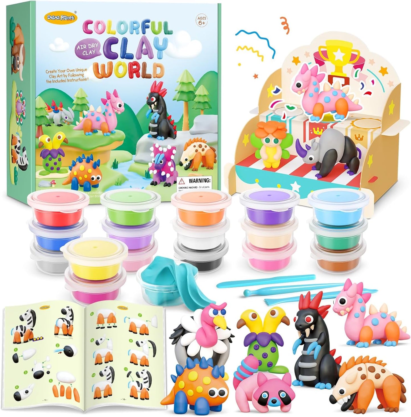 Drama Planet Air Dry Clay Kit for Kids - 18 Cans of Modeling Clay, 46-Page Guidebook with 26 Character Tutorials, Great Gift for Boys & Girls