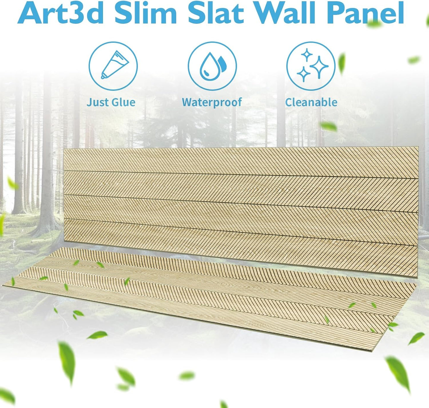 Art3d 4-Pack Glue-On Herringbone Wainscoting Panel for Interior Wall Decor - 104 x 12 Inch Polystyrene Ultralight Slim Slat Wall Panels for Living Room Bedroom, Oak