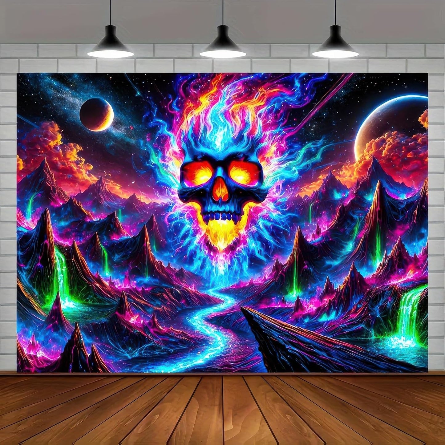 BlissYard Blacklight Skull Tapestry UV Reactive Tapestry 78x59 Inch Black Light Galaxy Planet Glowing Large Neon Posters Wall Hanging for Home Living Room Bedroom Decor