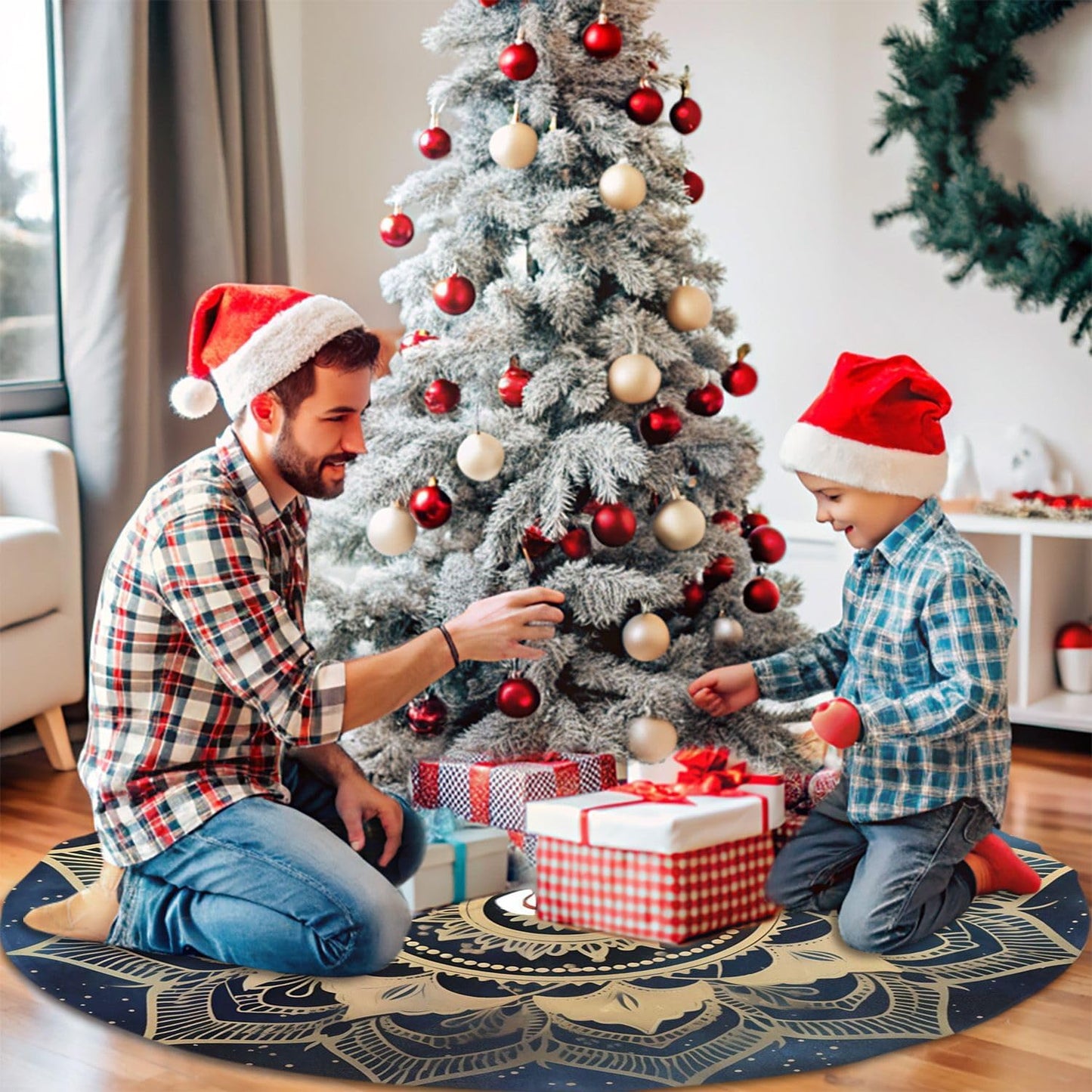 36" Elegant Gold Mandala Christmas Tree Skirt, Blue Galaxy Tree Mat Base Cover for Xmas Festive Holiday Party Decoration Ornaments