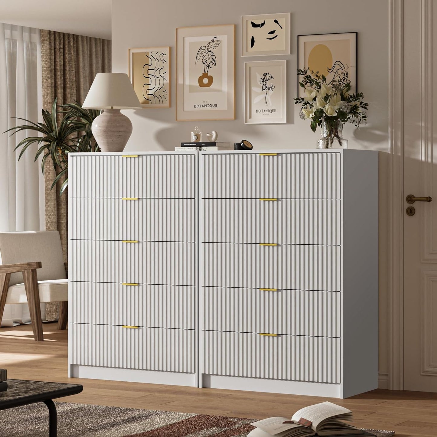 5 Drawer Dresser for Bedroom, Tall Dresser Chest of Drawers with Gold Handles, 32 Inch Wide Nightstand with for Bedroom, Living Rooms, Offices, and Entryways, White