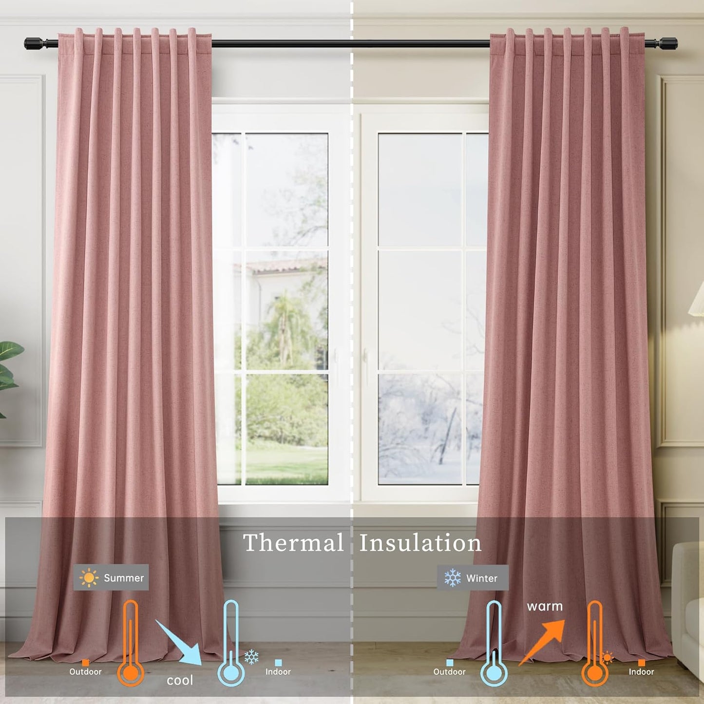 BOODII Pink Linen 100% Blackout Curtains for Bedroom 102 Inch Long 2 Panels Window Curtain Floor to Ceiling Length for Living Room Sliding Glass Door Back Tab Room Darkening Drapes Blush Pink 52x102